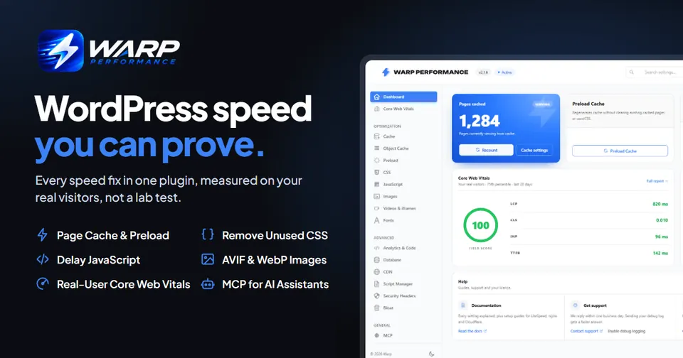 WARP Performance: WordPress speed you can prove. The plugin dashboard showing cached pages and a 100 Core Web Vitals score.